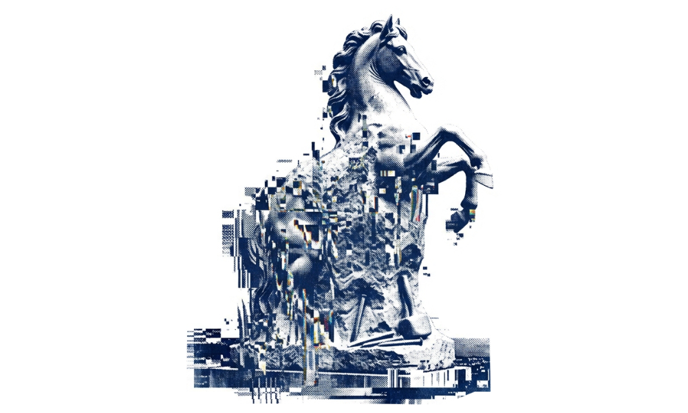 A digital horse being chiseled out of the glitchy stone.