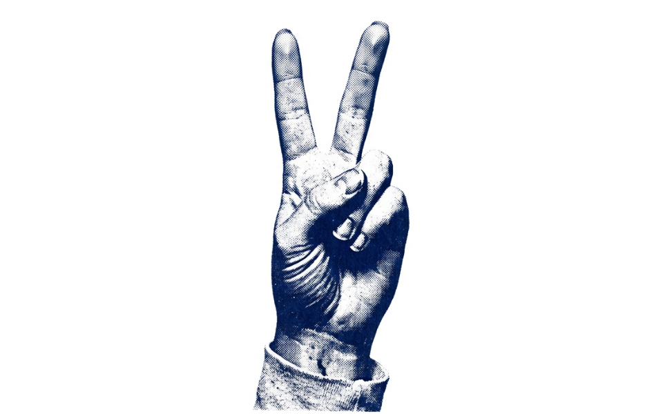 A customer service rep giving a peace sign.