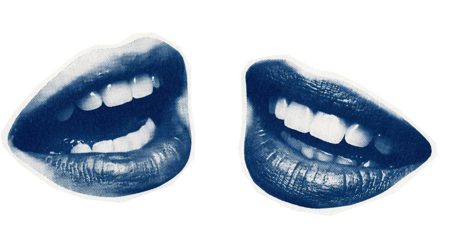 Blue halftone collage of two open mouths mid-speech
